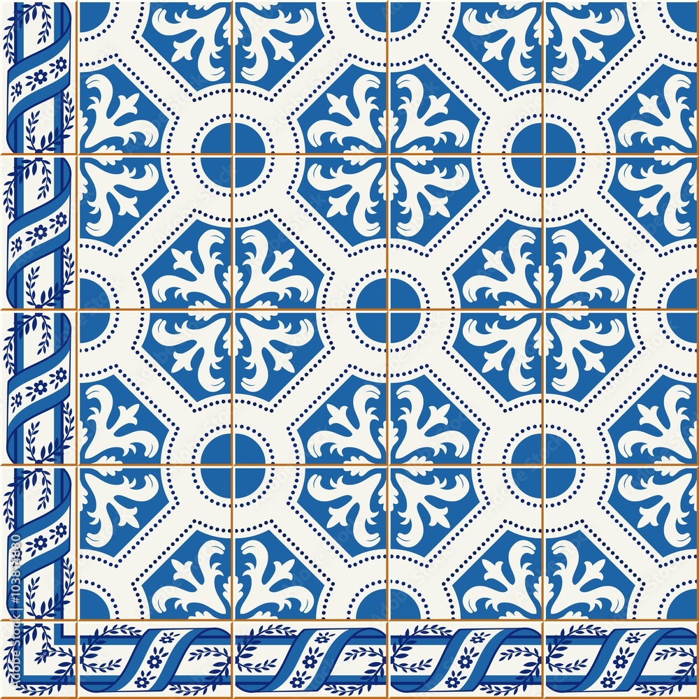  seamless  pattern. Turkish, Moroccan, Portuguese  Azulejo tiles and border, ornaments. 