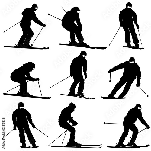 Set mountain skier  speeding down slope. Vector sport silhouette