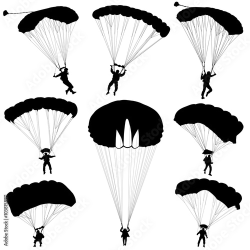 Set skydiver, silhouettes parachuting vector 
