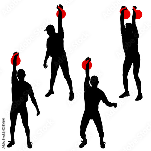 Set silhouette muscular man holding kettle bell.  Vector illustration