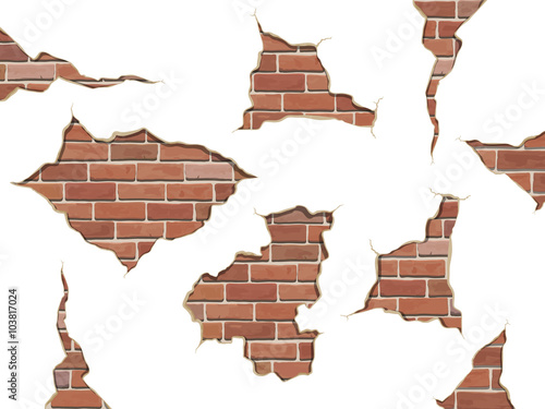 Set old shabby concrete and brick cracks. Vector separate elements for wall decor.  Vector illustration isolated, on white background.