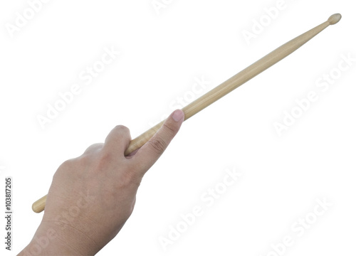 Isolated male left hand holding drum stick