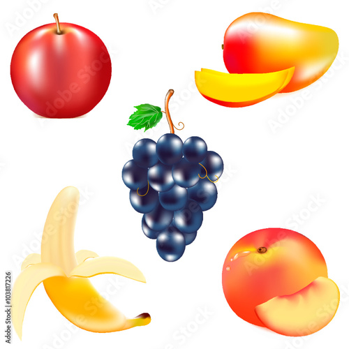 Mature juicy fruit, red mature apple, yellow banana, grapes cluster, tasty peach, piece of fruit, the torn thin skin, brown fruit stem in fruit, 