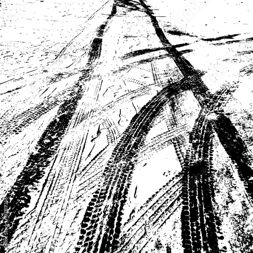 Grunge background with black tire track. Vector illustration