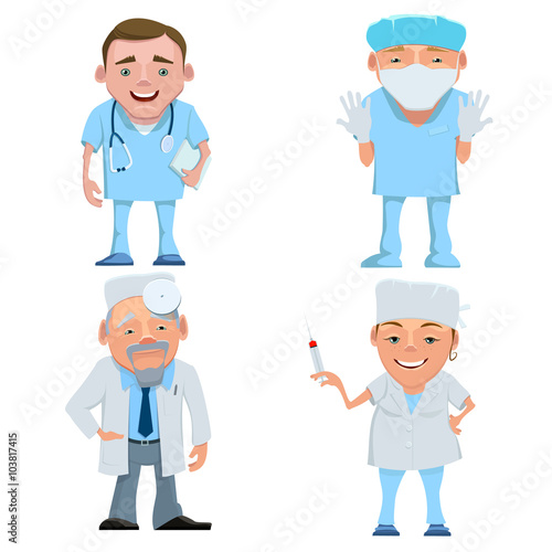 Vector illustration of a doctor in uniform. Cartoon happy smiling doctor isolated. Seth doctors and nurses with stethoscope , mask and syringe. Doctor therapist.Doctor surgeon. Doctor otolaryngologist