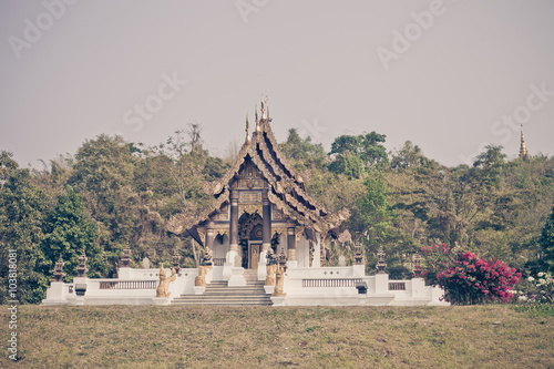 Traditional Arts and culture in Wat Phra Chao Lan Thong temple,Chiangrai Thailand. Vintage color tone photo