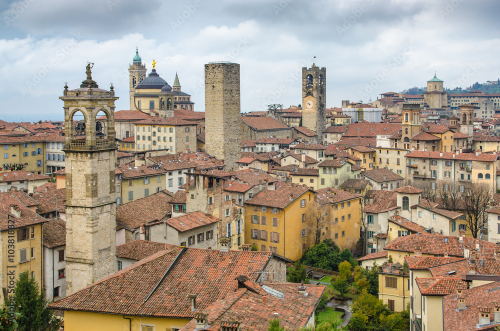 Scenic view of towers and roofs in old town Bergamo