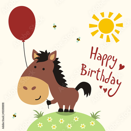 Happy birthday card, funny little horse with balloon, handwritten text