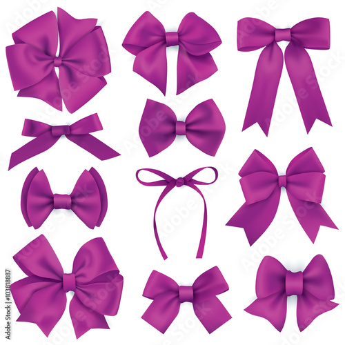 Big set of realistic purple gift bows and ribbons