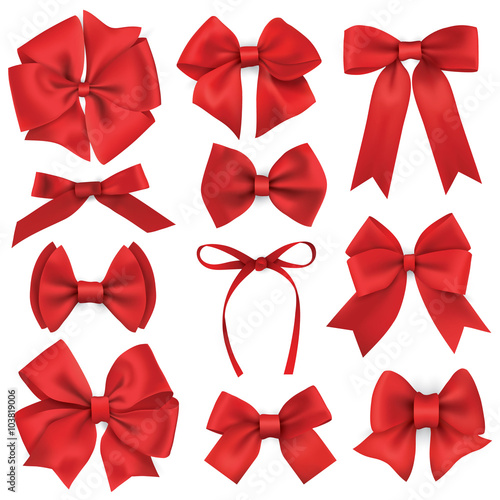 Big set of realistic red gift bows and ribbons photo