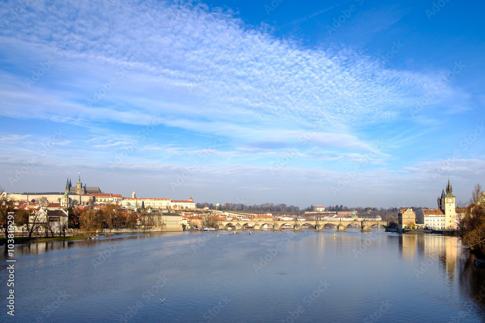 Citiscape view of Charles bridge, Prague castle and river