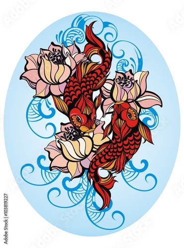 Hand drawn fish (Koi carp) with flowers - symbol of harmony and wisdom