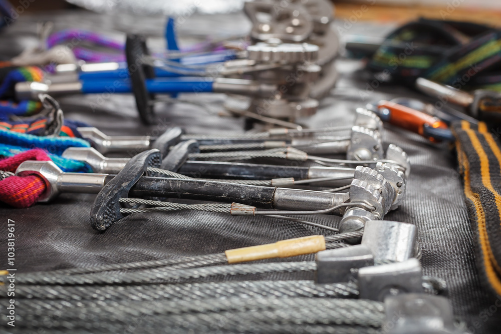 Fototapeta premium Equipment for mountaineering and rock climbing