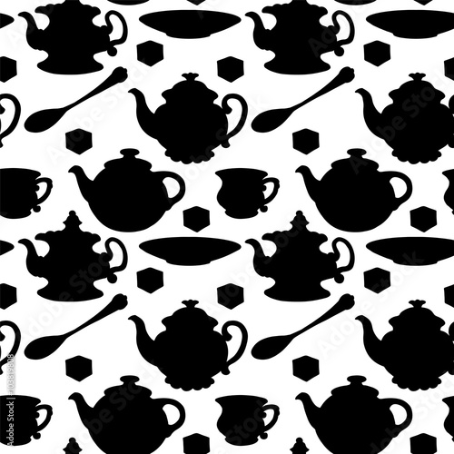 Seamless pattern with teapots, cups, spoons, saucers,  sugar