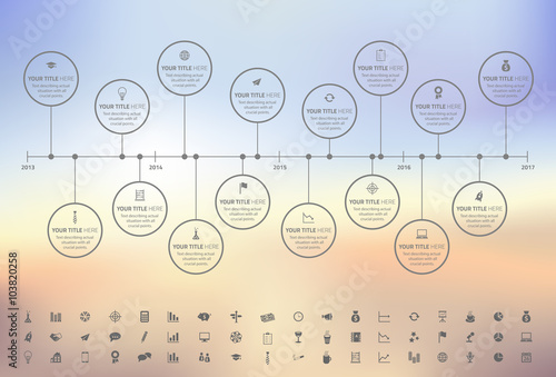 Modern rainbow timeline with circle milestones with pastel fill. Set of icons included