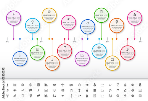 Modern rainbow timeline with circle milestones with pastel fill. Set of icons included