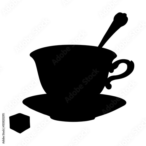 Icon tea cup, coffee cup, spoon, saucer and sugar. Black silhoue