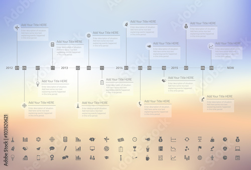 Modern rainbow timeline with transparent milestones in pastel colors on blurred background. Set of icons included.
