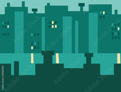 Seamless Cartoon Night City Landscape, Vector Illustration