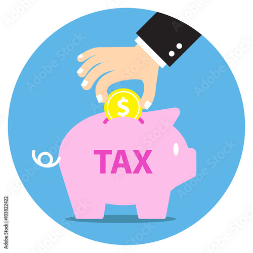 business person's hand collecting coin into piggy bank for tax