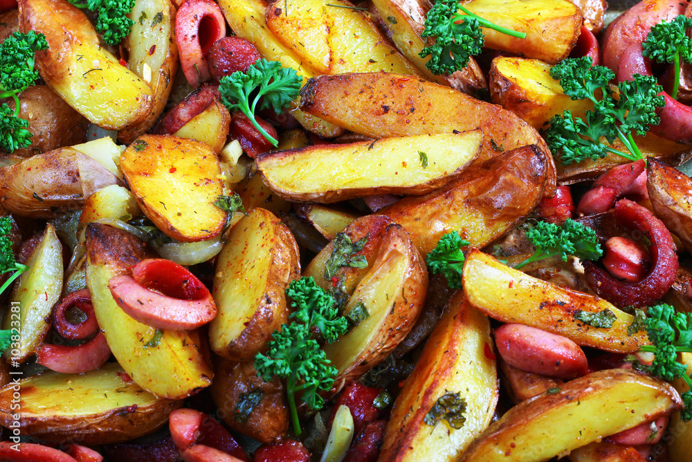 Fried potatoes with onion, sausages and green parsley. Fried potatoes with onion, sausages and green parsley.