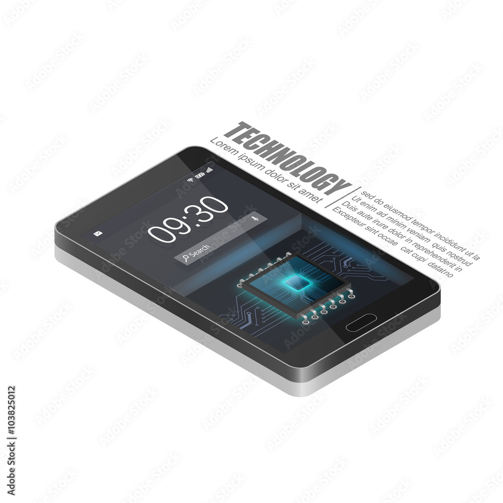 Touchscreen Smartphone with CPU chip on screen isolated on white background Touchscreen Smartphone with CPU chip on screen isolated on white background