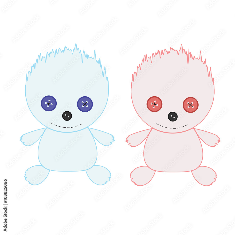 Toy monsters with black-button eyes. Toy cute monsters fire and ice. Toy monsters with black-button eyes. Toy cute monsters fire and ice.