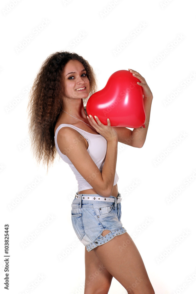 young happy woman hold red heart . young happy woman hold red heart .