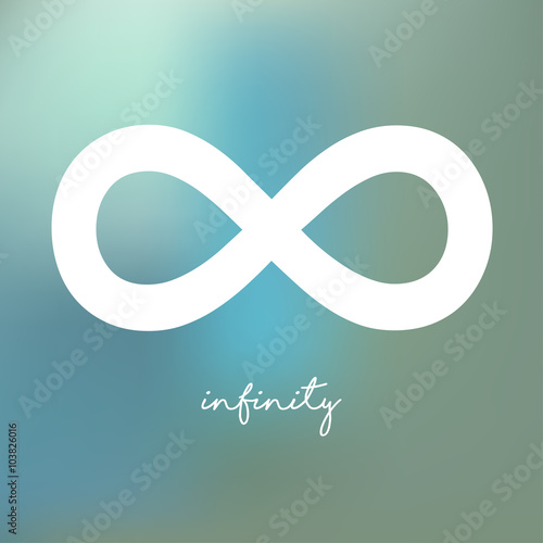Infinity symbol white on a blue bokeh fog background.