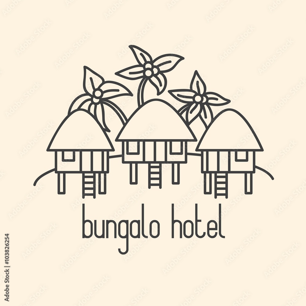 Graphic line art illustration of bungalo hotel on beige backgrou