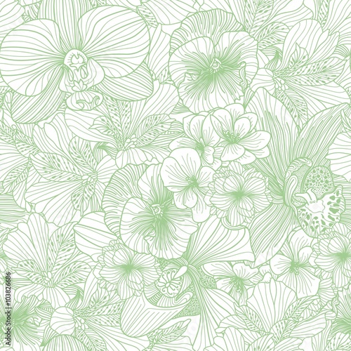 Seamless flower line art pattern