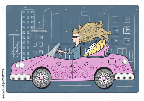 A girl goes to the convertible.