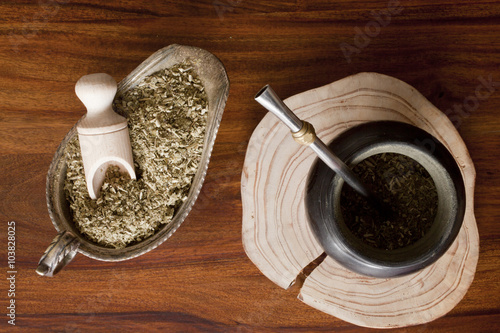 yerba mate gourd on wooden table