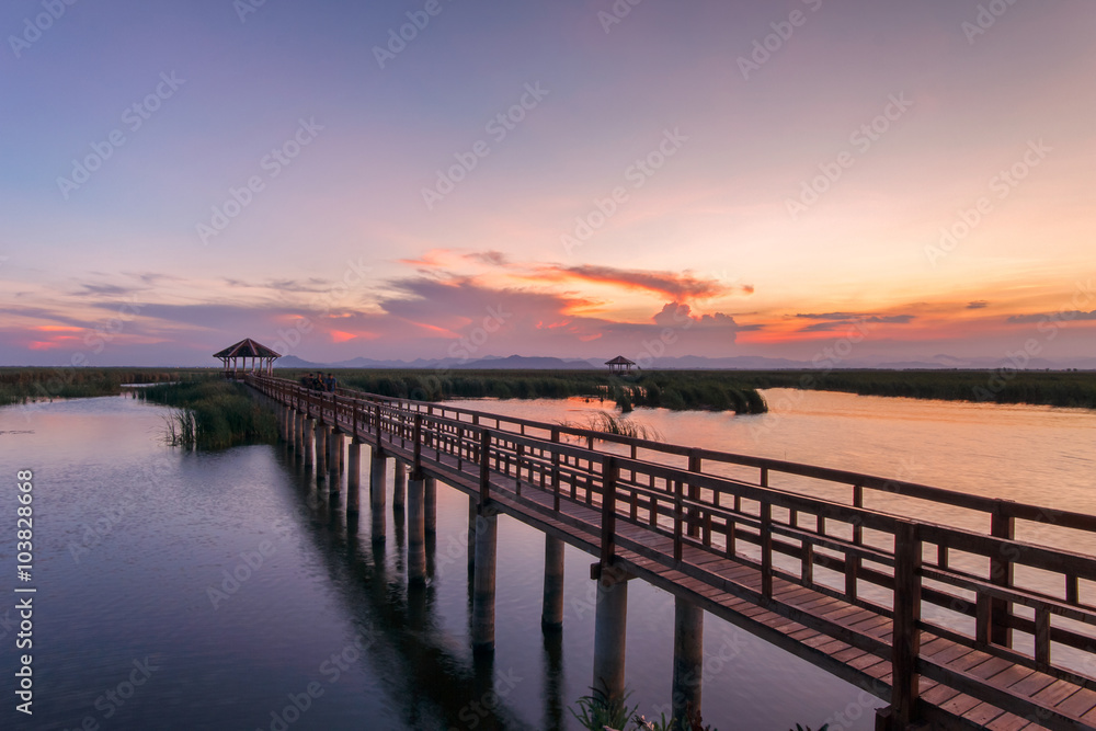 Wooden Bridge in lotus lake on sunset time at Khao Sam Roi Yot National Park, Thailand
