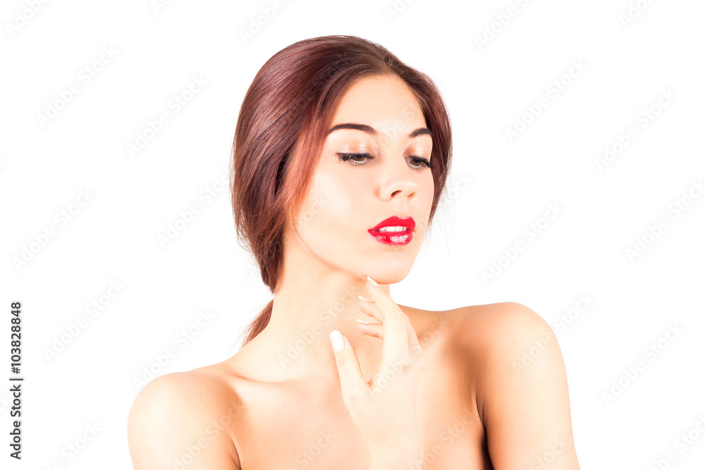 Beautiful woman with red lips touching chin. Make up with red lips. Beautiful woman with red lips touching chin. Make up with red lips.