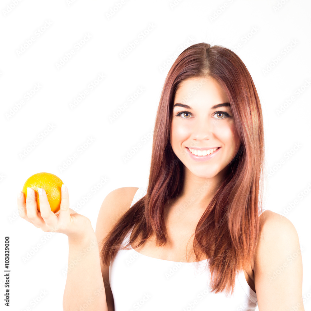 Smiling woman with white teeth holding orange. Healthy food. Smiling woman with white teeth holding orange. Healthy food.
