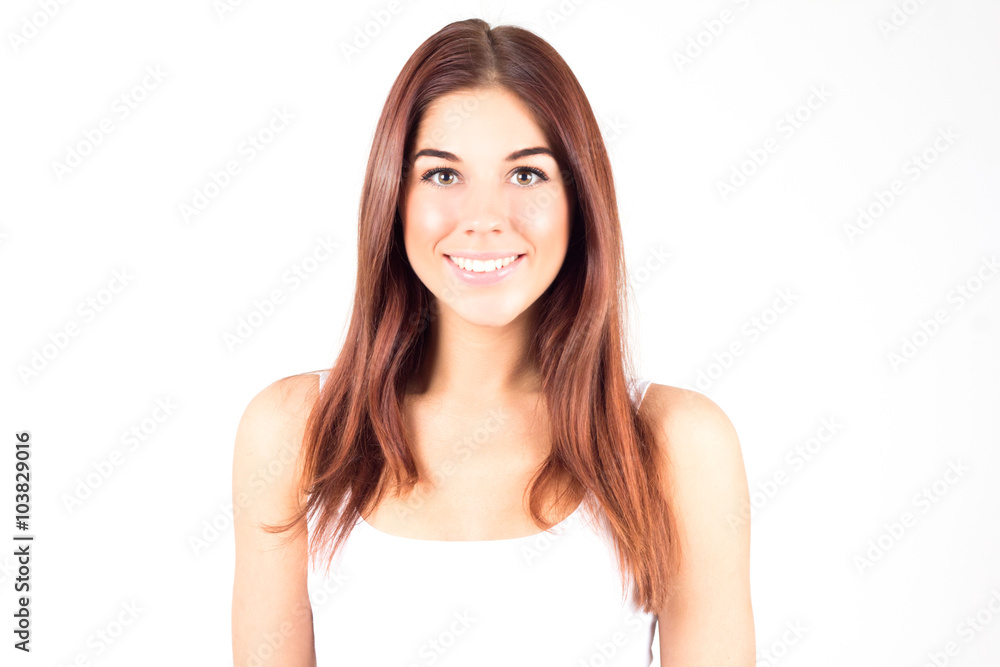 Happy beauty young woman with red hair smiling with white teeth. Happy beauty young woman with red hair smiling with white teeth.