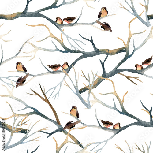 Watercolor birds on the tree branches