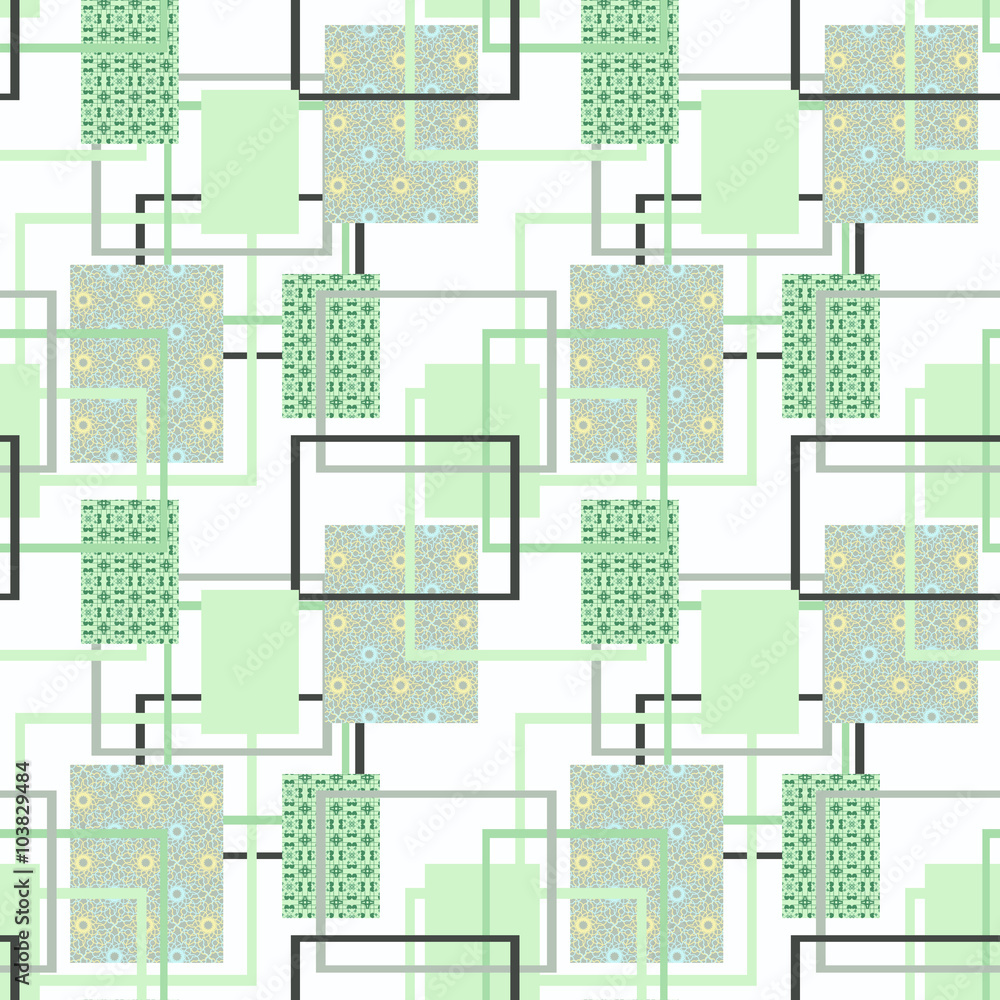 Seamless abstract pattern with green rectangles ornament stylish texture on white background