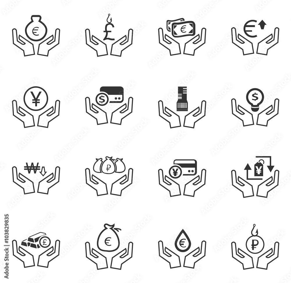 Hand and money icons set Hand and money icons set