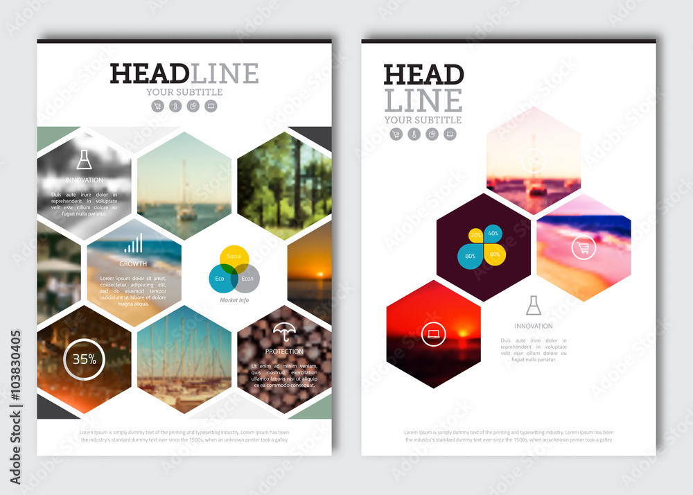 Business brochure design template. Vector flyer layout, blur background with elements for magazine, cover, poster design. A4 size. - obrazy, fototapety, plakaty 