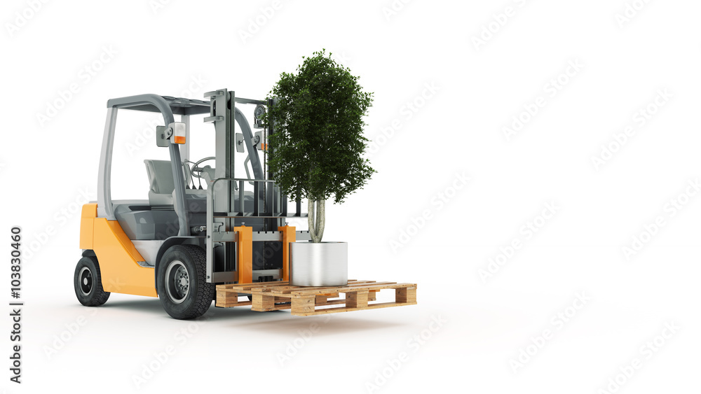 Modern forklift truck with small tree