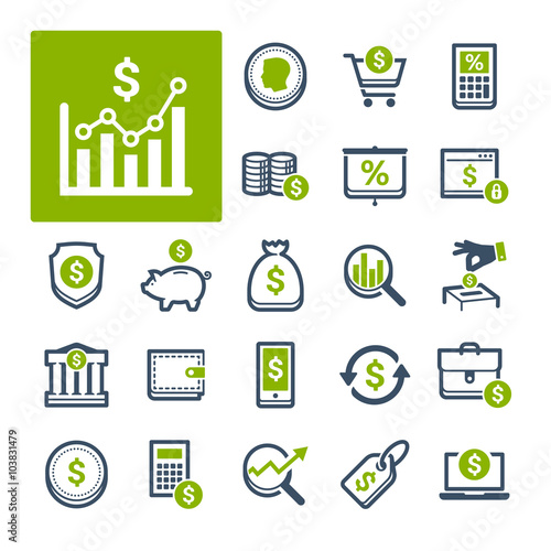 A selection of icons related to Finance, Banking and Currency (Part 1).
