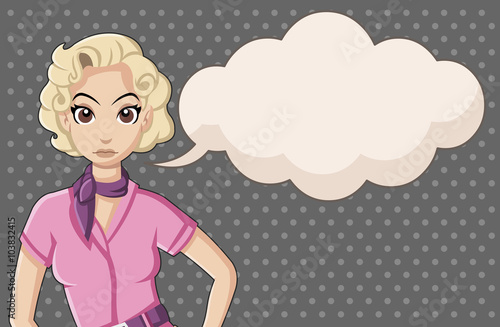 Retro woman wearing vintage clothes talking.