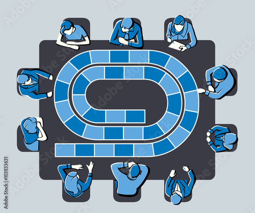 Blue meeting table with business people around a board game path.
