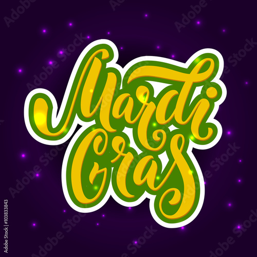 Mardi Gras text. Yellow and green vector lettering at violet background. 