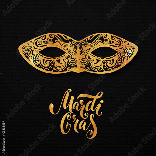 Mardi gras mask illustration. Vector golden type at black paper background. Masquerade invitation design.