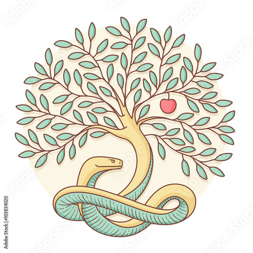 Tree of the knowledge of good and evil with snake and apple. Colorful design. Vector Illustration.