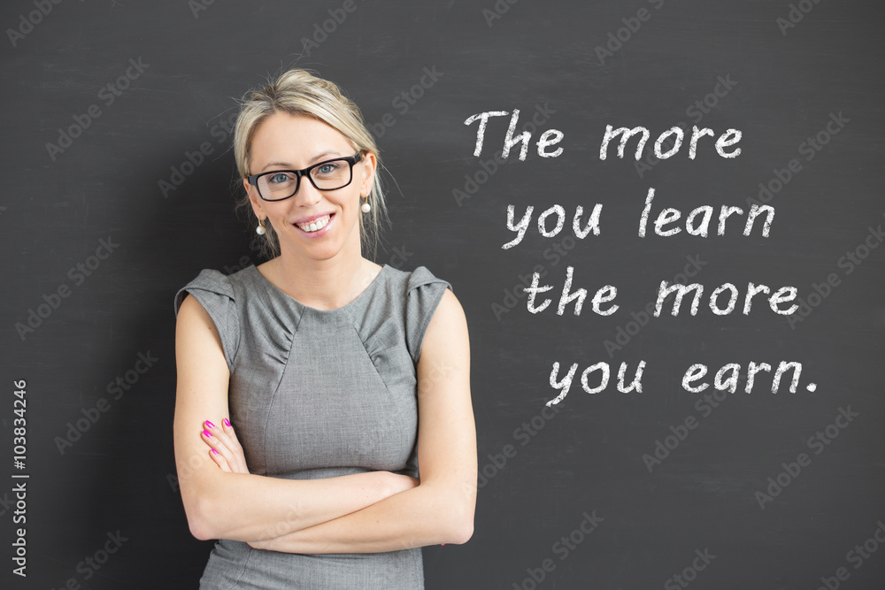 Woman with crossed hands standing and promoting to educate yourself Woman with crossed hands standing and promoting to educate yourself