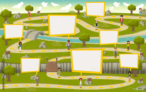 Road on green park with cartoon people